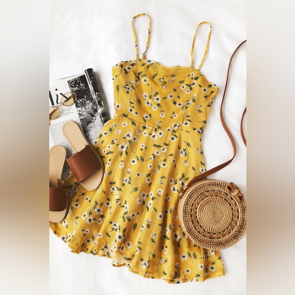 LULUS Daisies Go By Mustard Yellow Floral Print Mini Dress - Picture 6 of 7